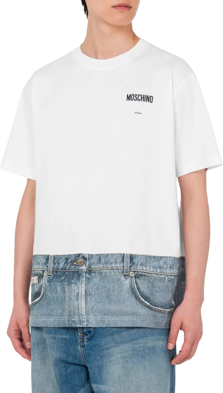 Moschino White T-Shirt With Denim-Inspired Hem Design Wit