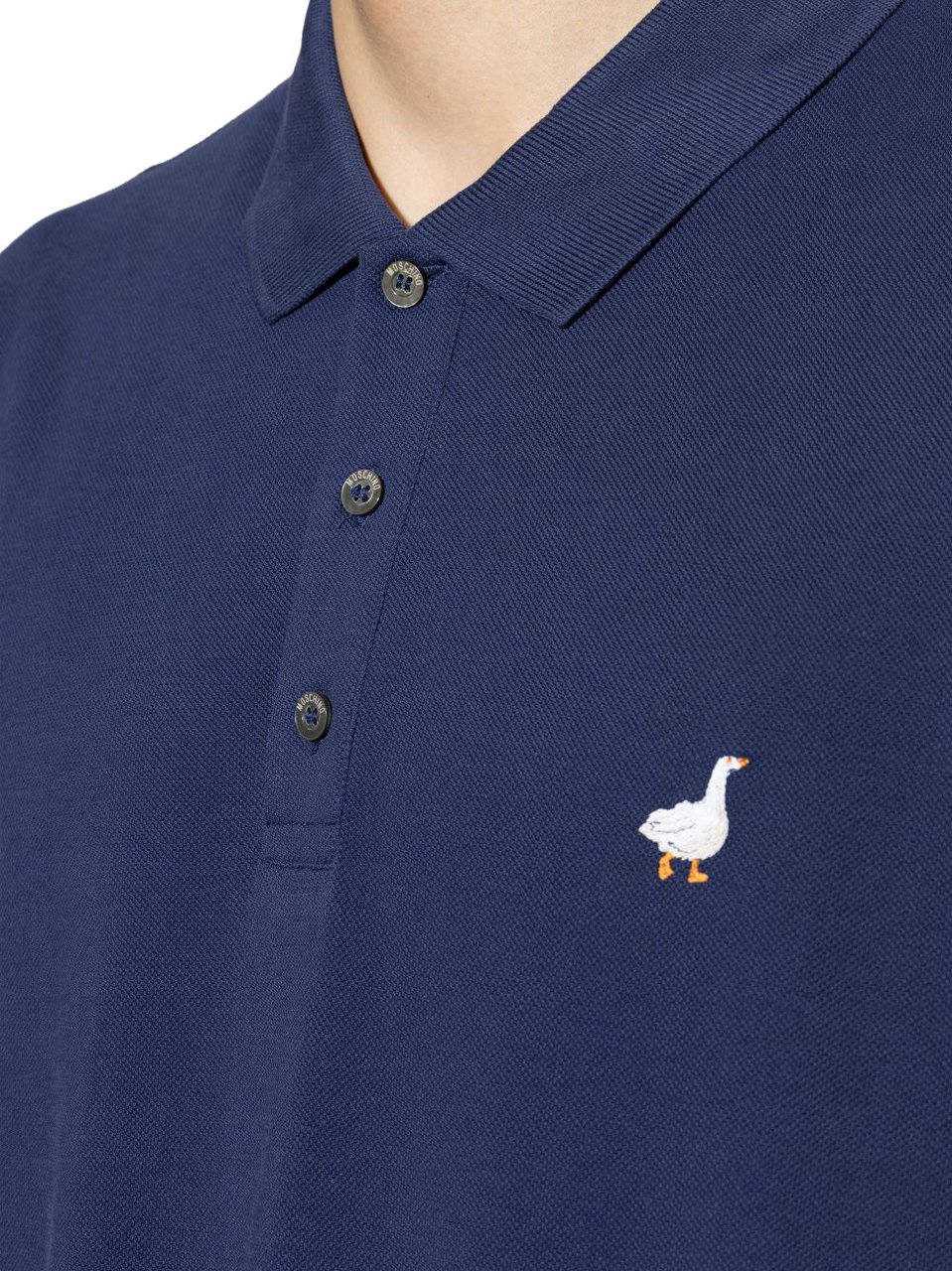 Moschino Silk-Nylon Blend Polo Shirt With Embroidered Goose Emblem Blauw
