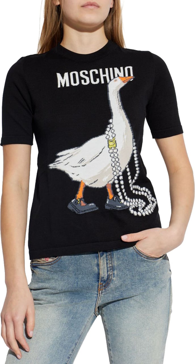 Moschino Goose Graphic Ribbed Knit Top Zwart
