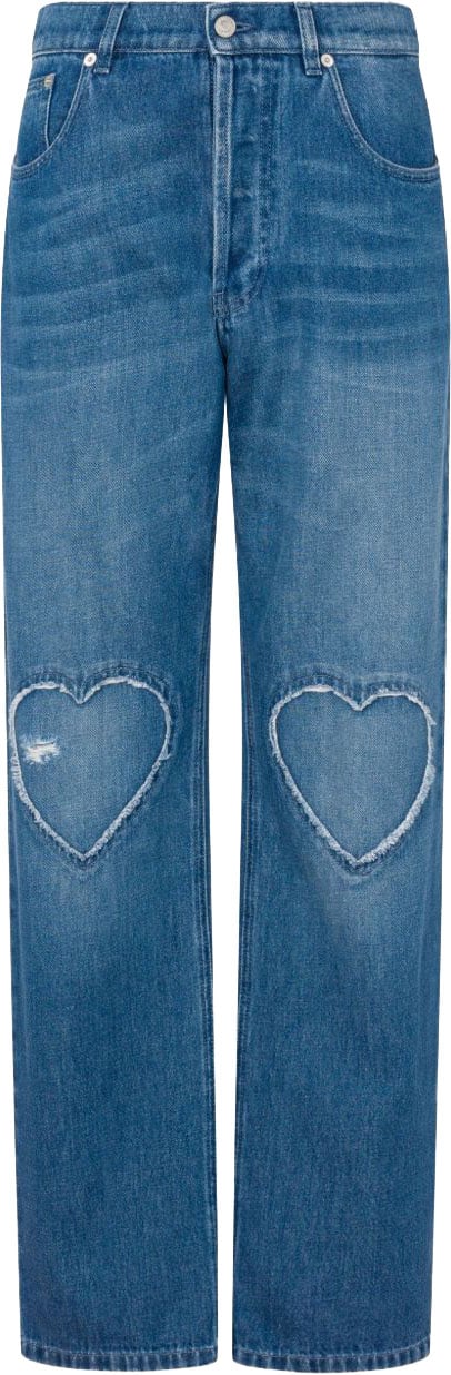 Moschino Straight-Leg Denim Trousers With Frayed Heart Patches Blauw