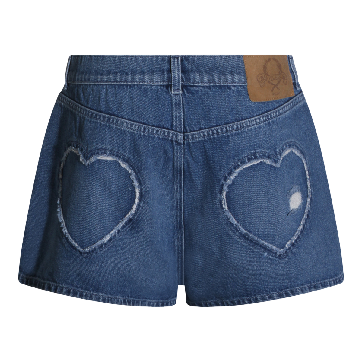 Moschino Denim Shorts with Frayed Heart-Shaped Patches Blauw