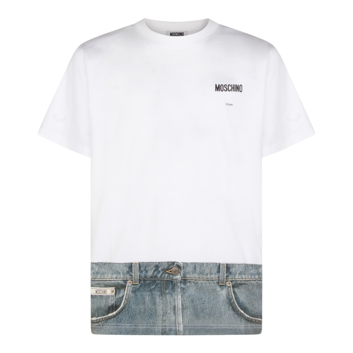 Moschino Short-Sleeve T-Shirt with Denim Print Hem Wit