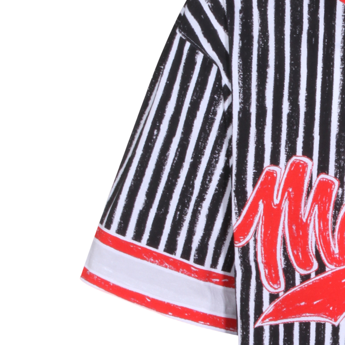 Moschino Short-Sleeve Black And White Vertical Stripe T-Shirt With Bold Red Accents Divers