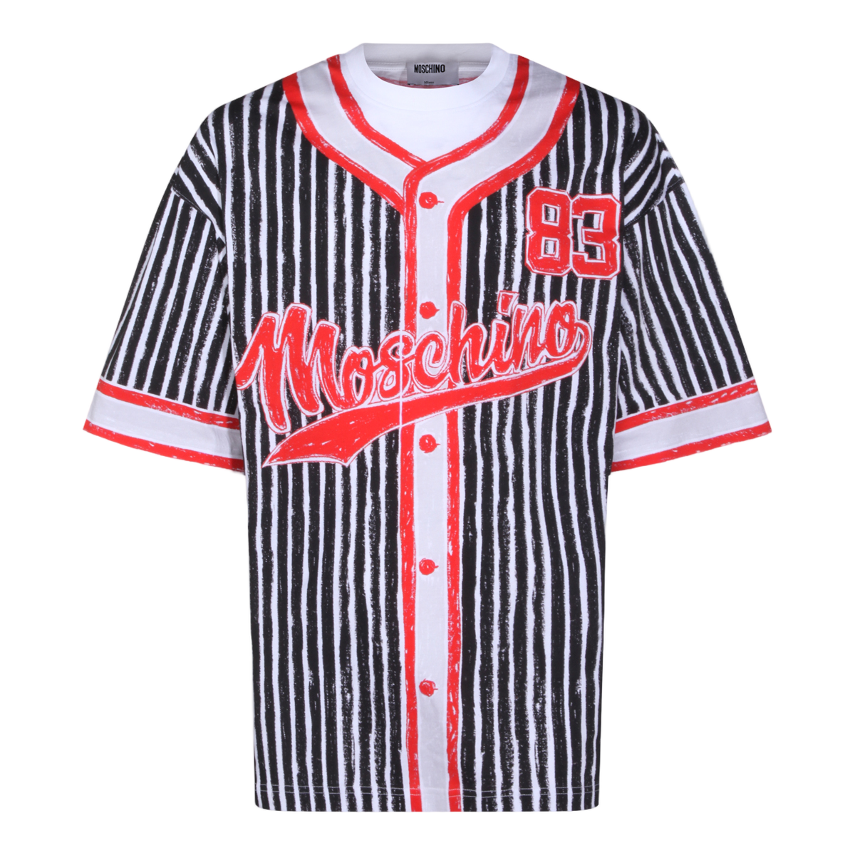Moschino Short-Sleeve Black And White Vertical Stripe T-Shirt With Bold Red Accents Divers