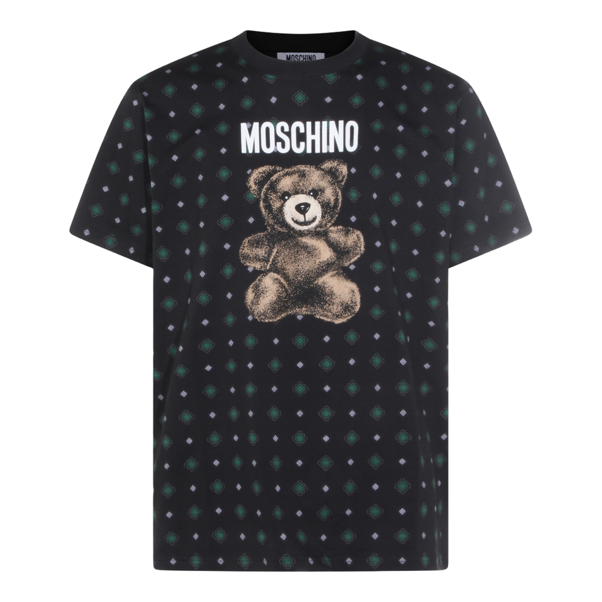 Moschino Short-Sleeve T-Shirt With Teddy Bear Graphic And Diamond Pattern Zwart