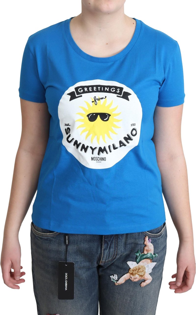Moschino Blue Cotton Sunny Milano Print Tops T-shirt Wit