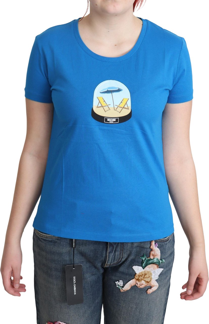 Moschino Blue Printed Cotton Short Sleeves Tops T-shirt Blauw