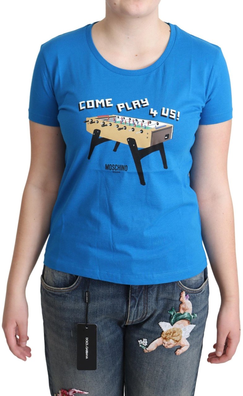 Moschino Blue Cotton Come Play 4 Us Print T-shirt Blauw