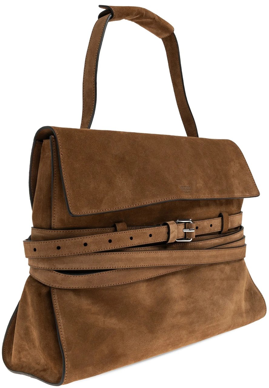 Moschino Brown Large Rectangular Suede Handbag With Belts Zwart