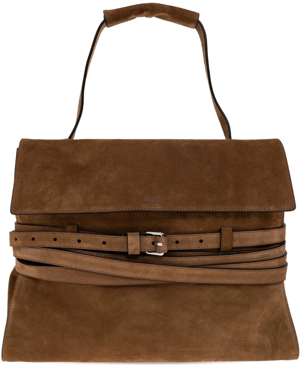 Moschino Brown Large Rectangular Suede Handbag With Belts Zwart