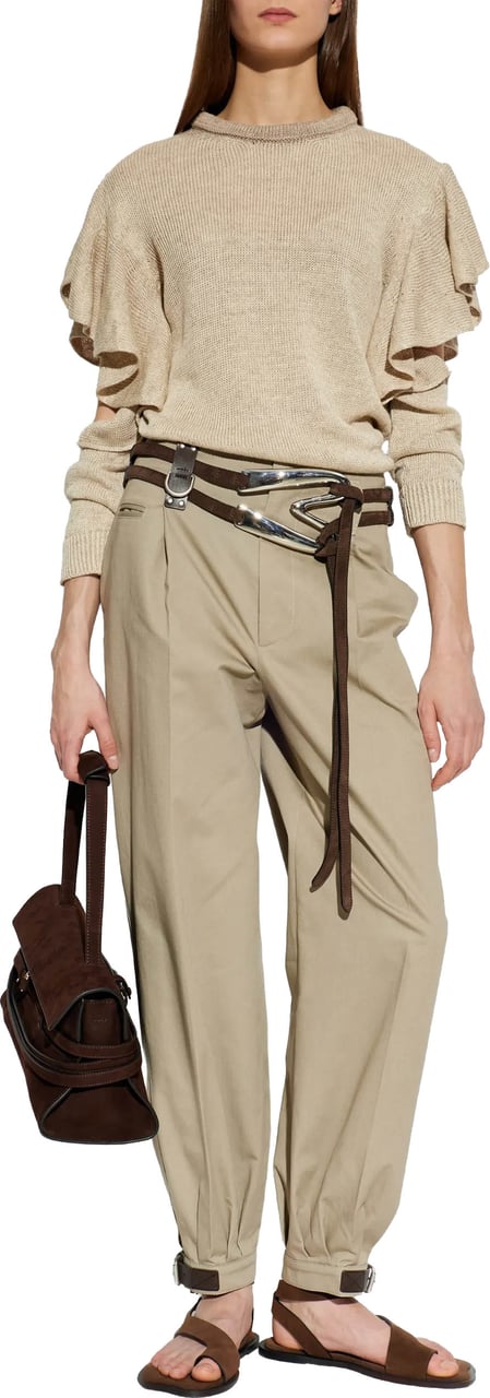 Moschino Dark Leather Strap Relaxed Tapered Cotton Pants Neutraal