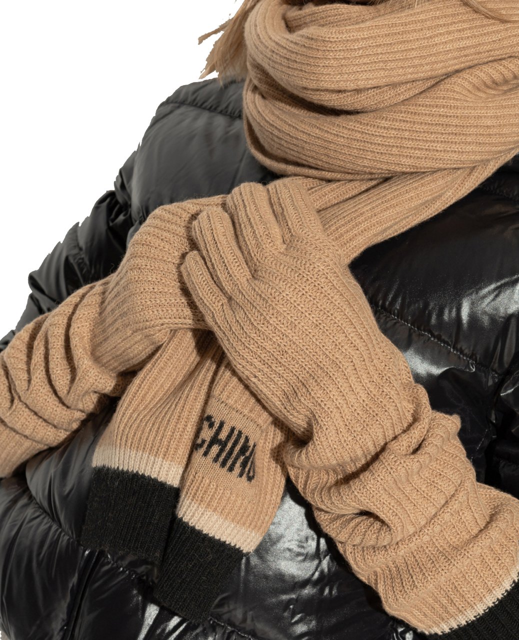 Moschino Two-tone Ribbed Long Gloves Beige