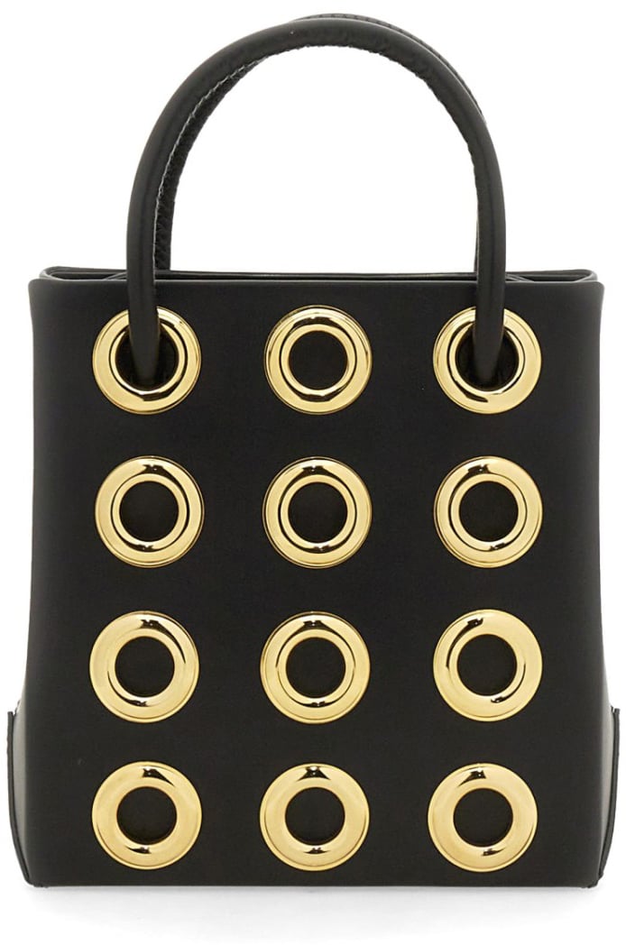 Moschino Structured Black Leather Bag With Gold Grommet Details Zwart