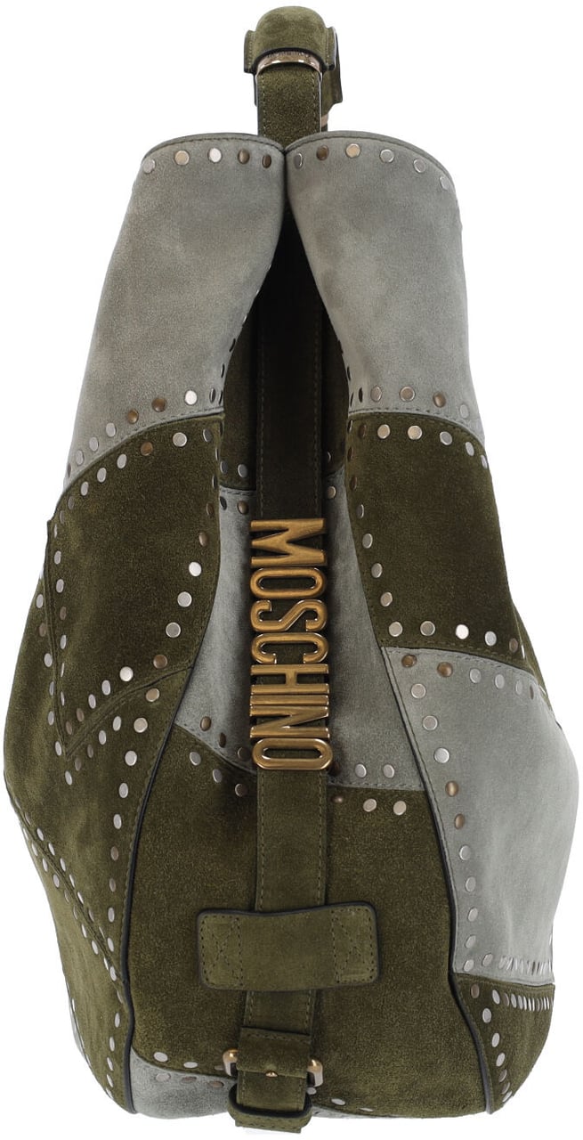 Moschino Green Patchwork Studded Leather Handbag Groen