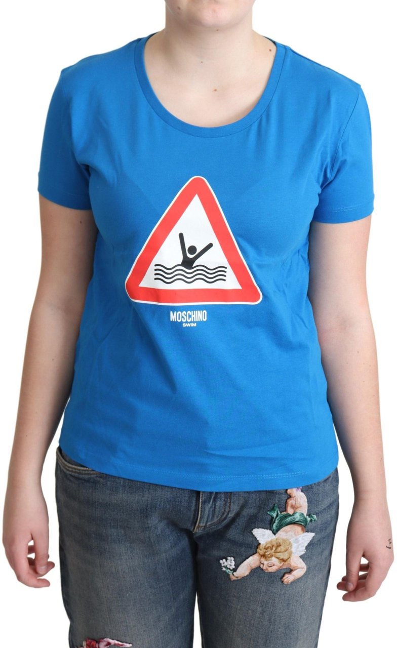 Moschino Blue Cotton Swim Graphic Triangle T-shirt Lichtblauw