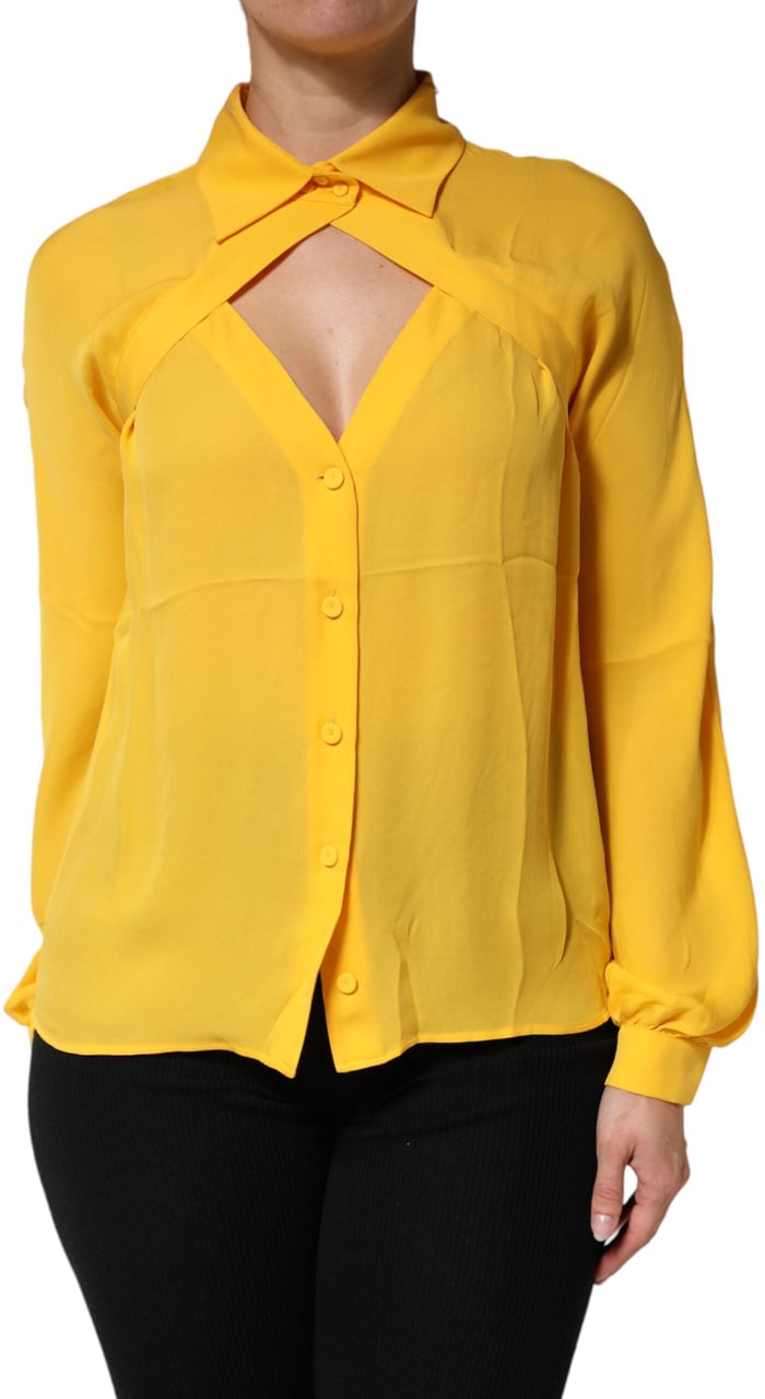 Moschino Couture Yellow Silk Collared Long Sleeves Top Geel