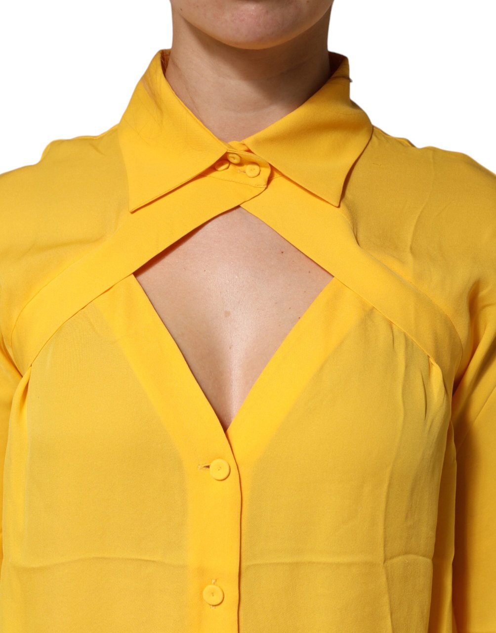 Moschino Couture Yellow Silk Collared Long Sleeves Top Geel