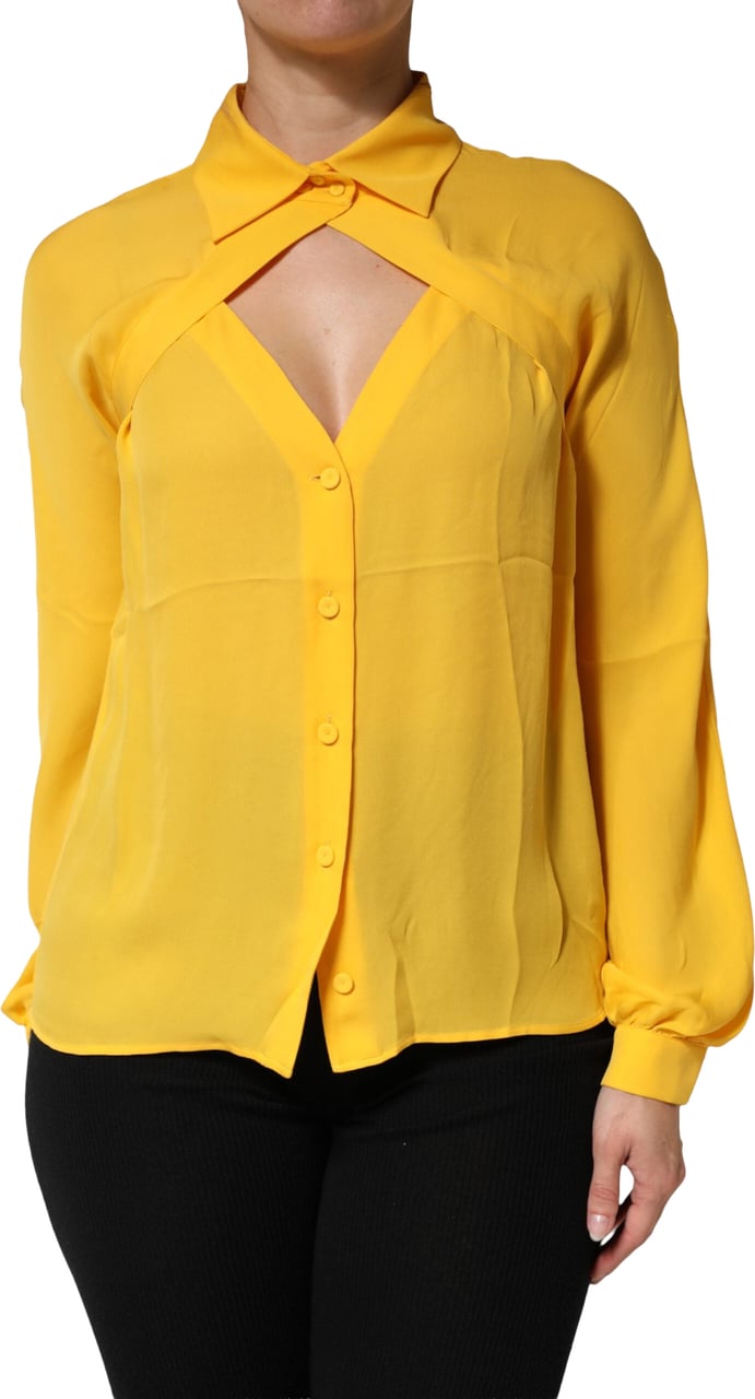 Moschino Couture Yellow Silk Collared Long Sleeves Top Geel