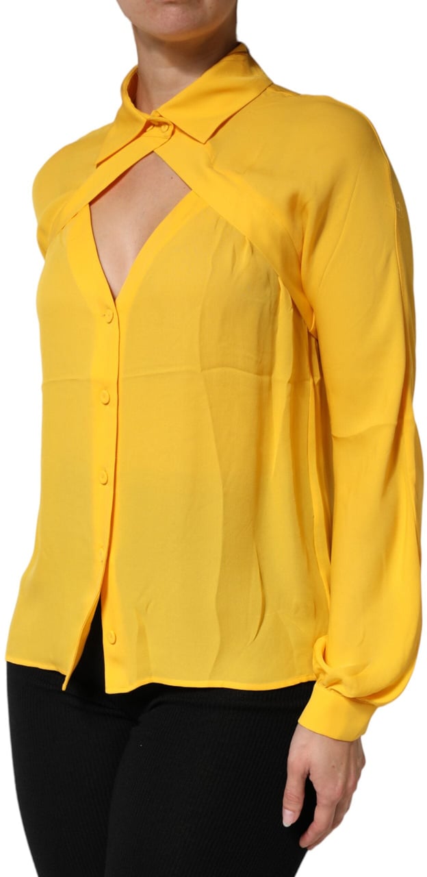 Moschino Couture Yellow Silk Collared Long Sleeves Top Geel