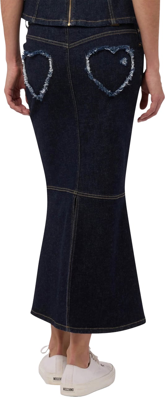 Moschino Blue Fitted Denim Midi Skirt With Hearts Zwart