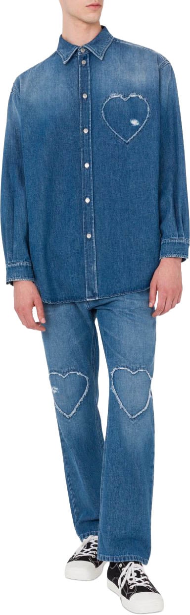 Moschino Frayed Heart-Patch Denim Shirt Blauw