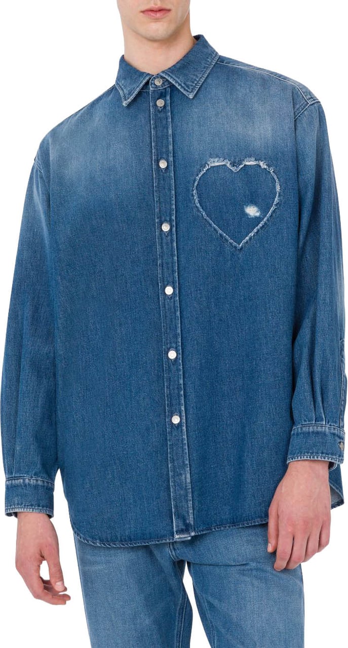 Moschino Frayed Heart-Patch Denim Shirt Blauw