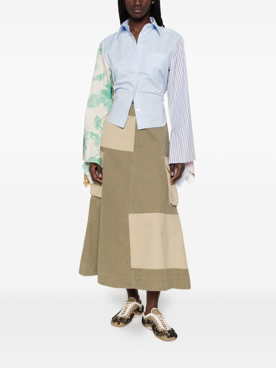 Moschino Light Blue Panelled Floral Stripe Shirt Blauw