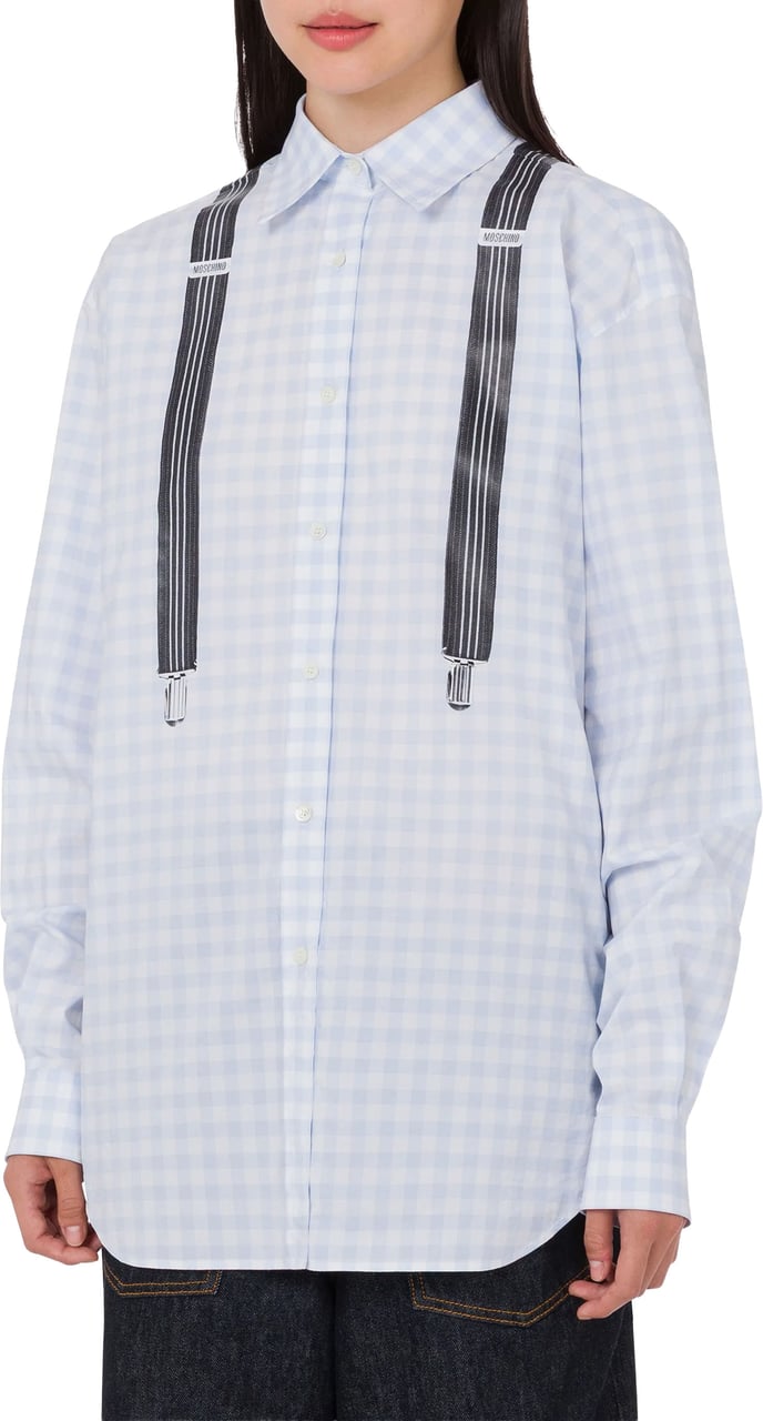 Moschino Light Blue Gingham Check Cotton Long-Sleeved Shirt Wit
