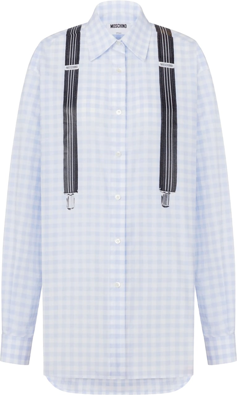 Moschino Light Blue Gingham Check Cotton Long-Sleeved Shirt Wit
