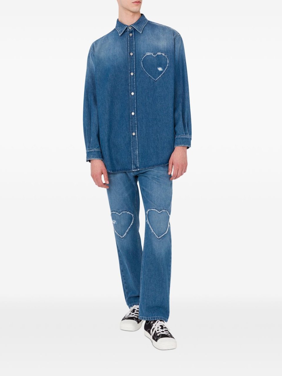 Moschino Straight-Leg Jeans With Frayed Heart-Shaped Patches Blauw