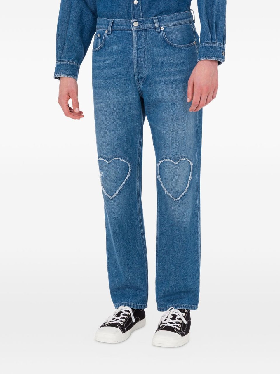 Moschino Straight-Leg Jeans With Frayed Heart-Shaped Patches Blauw