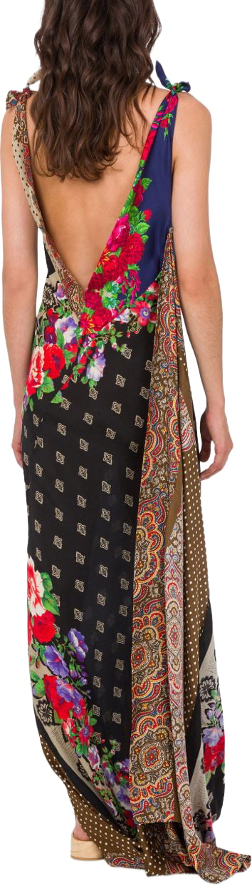 Moschino Patchwork Maxi Dress With Deep V-Neckline Zwart