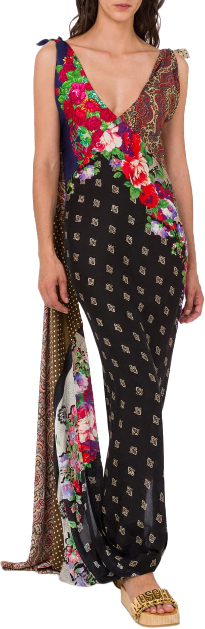 Moschino Patchwork Maxi Dress With Deep V-Neckline Zwart