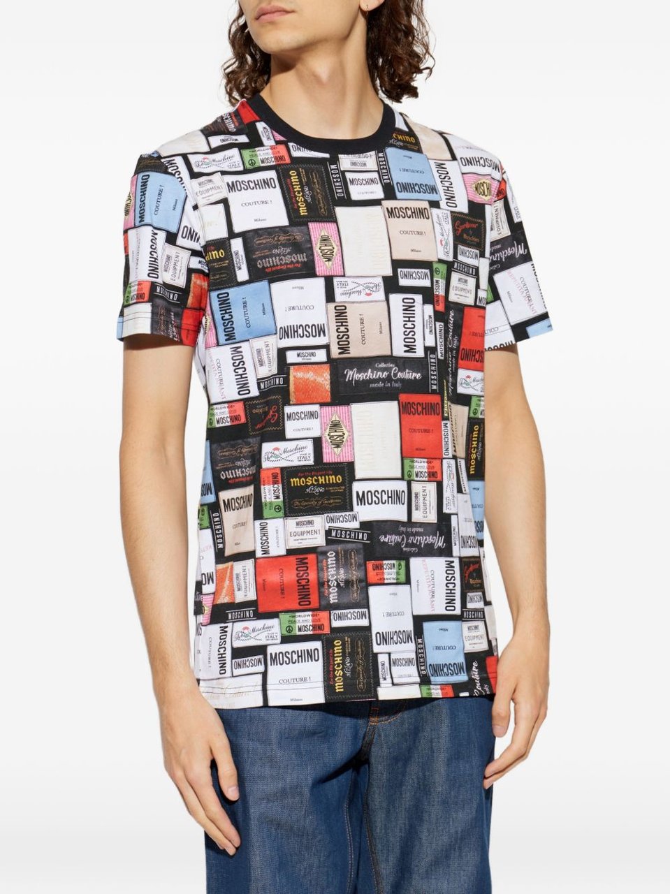 Moschino Vibrant Printed Silk and Nylon T-Shirt with Crew Neckline Zwart