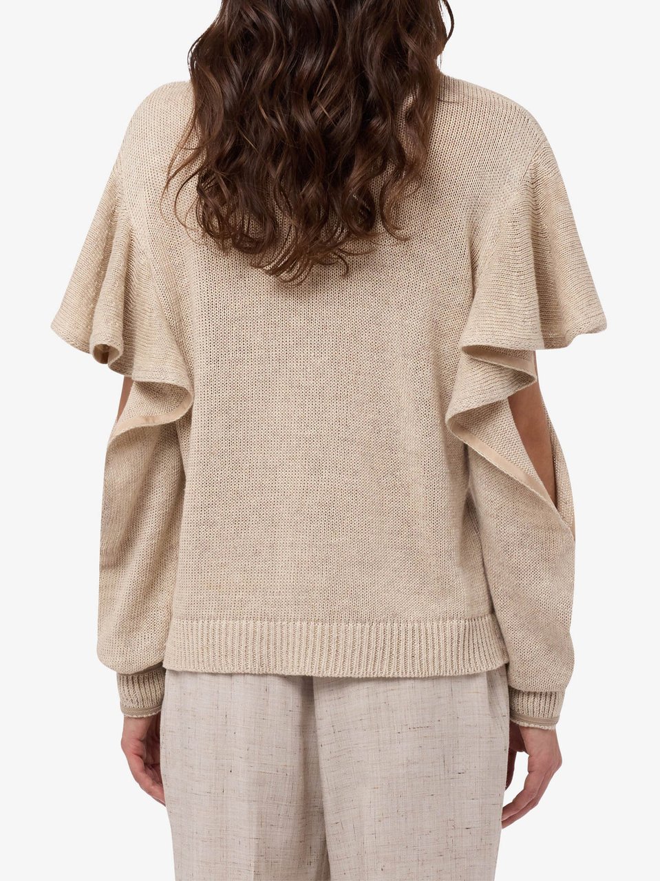 Moschino Ruffled Cut-Out Sleeve Knitted Linen Blend Top Neutraal