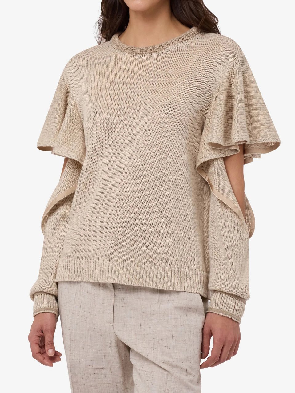 Moschino Ruffled Cut-Out Sleeve Knitted Linen Blend Top Neutraal