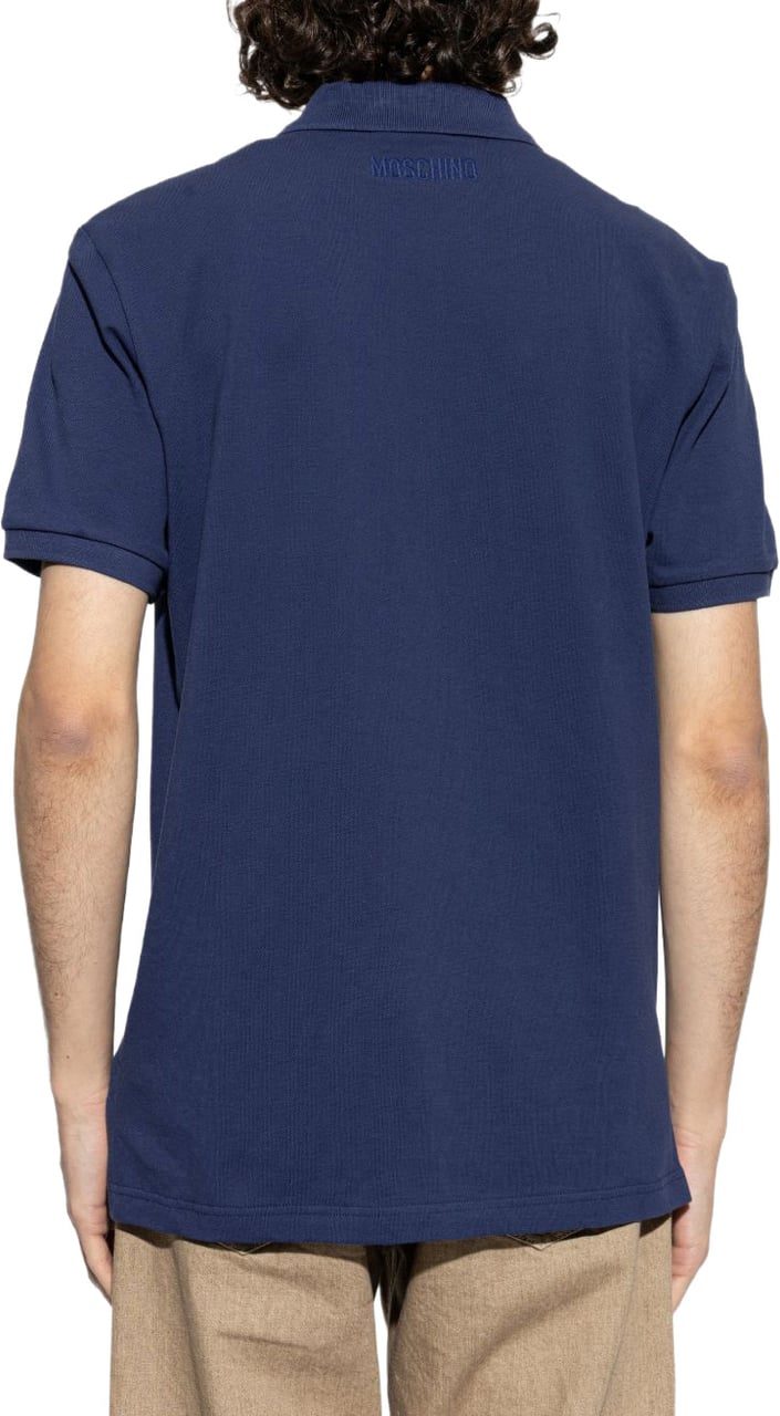 Moschino Silk-Nylon Blend Polo Shirt With Embroidered Goose Emblem Blauw