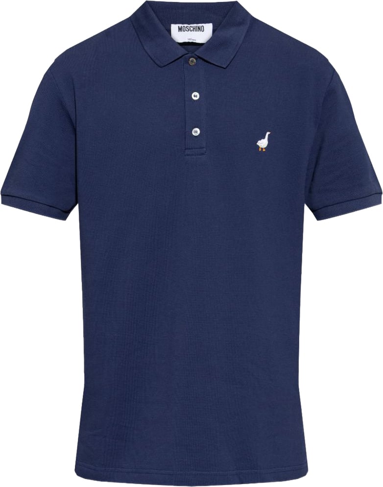Moschino Silk-Nylon Blend Polo Shirt With Embroidered Goose Emblem Blauw