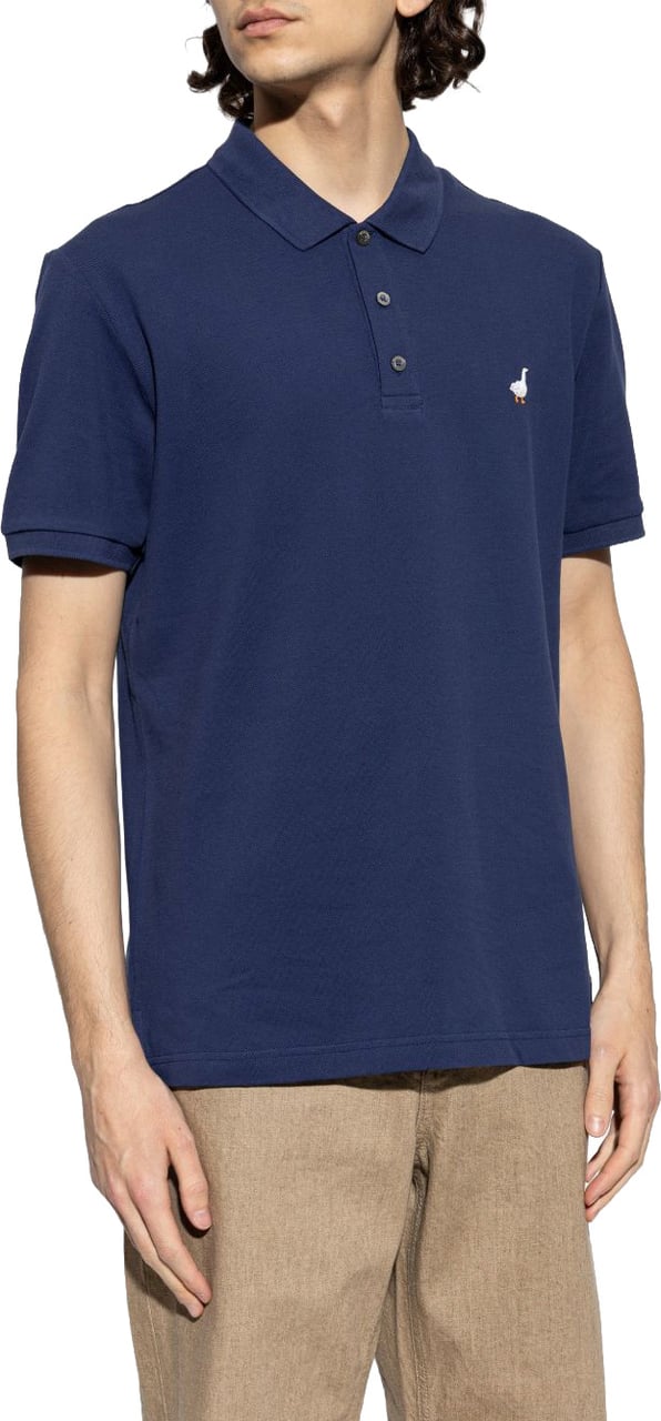 Moschino Silk-Nylon Blend Polo Shirt With Embroidered Goose Emblem Blauw
