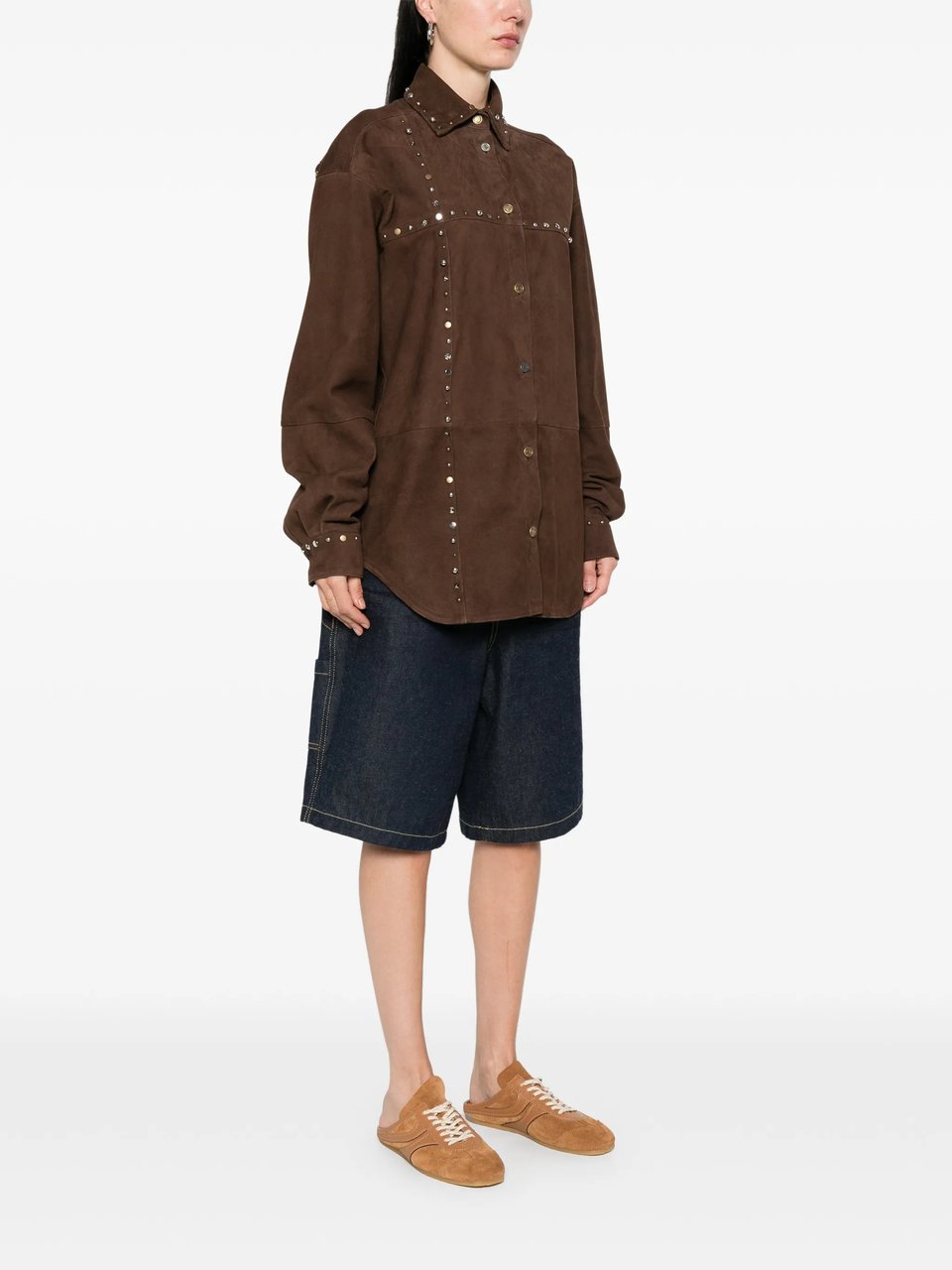 Moschino Brown Suede Shirt With Metallic Stud Detailing Grijs