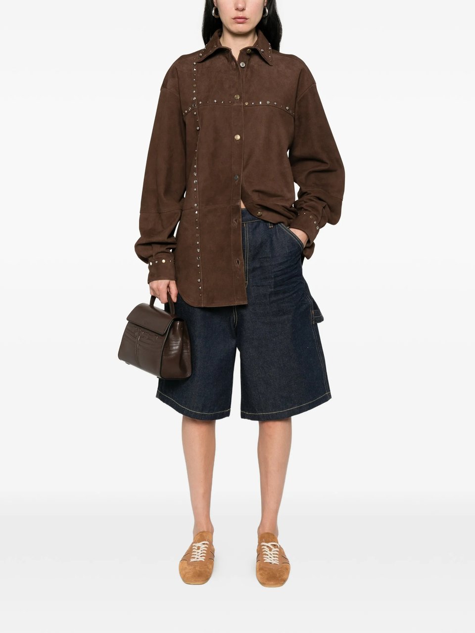 Moschino Brown Suede Shirt With Metallic Stud Detailing Grijs