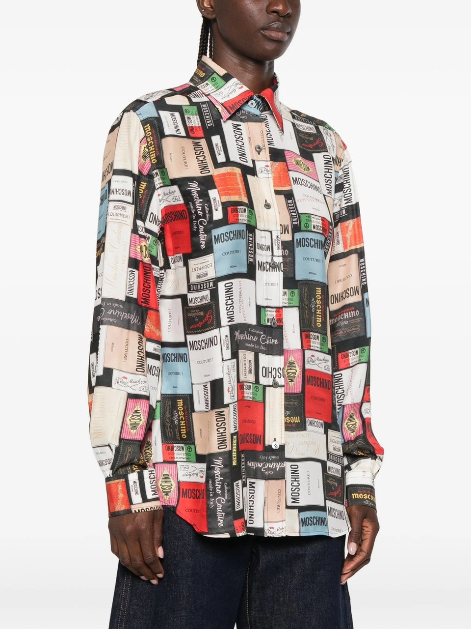 Moschino Long-Sleeved Button-Up Shirt with Eclectic Print Grijs