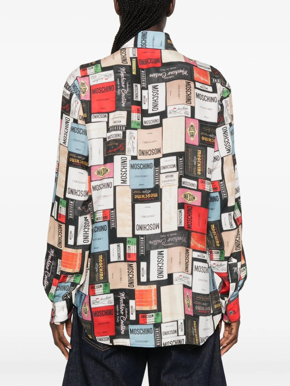 Moschino Long-Sleeved Button-Up Shirt with Eclectic Print Grijs
