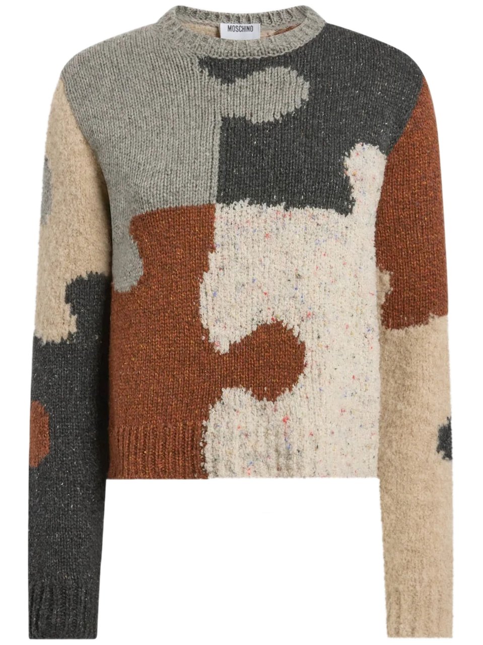 Moschino Maglia Patchwork Abstract Wool-Blend Sweater Bruin