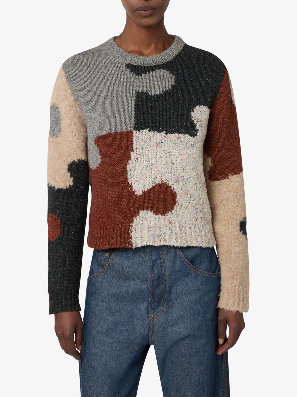 Moschino Maglia Patchwork Abstract Wool-Blend Sweater Bruin