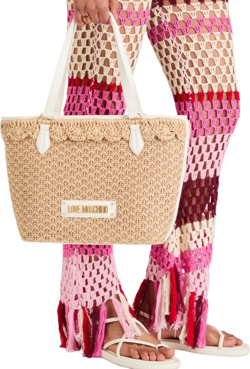 Moschino Logo Tag Rafia Tote Bag Beige