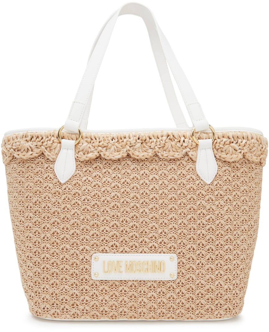 Moschino Logo Tag Rafia Tote Bag Beige