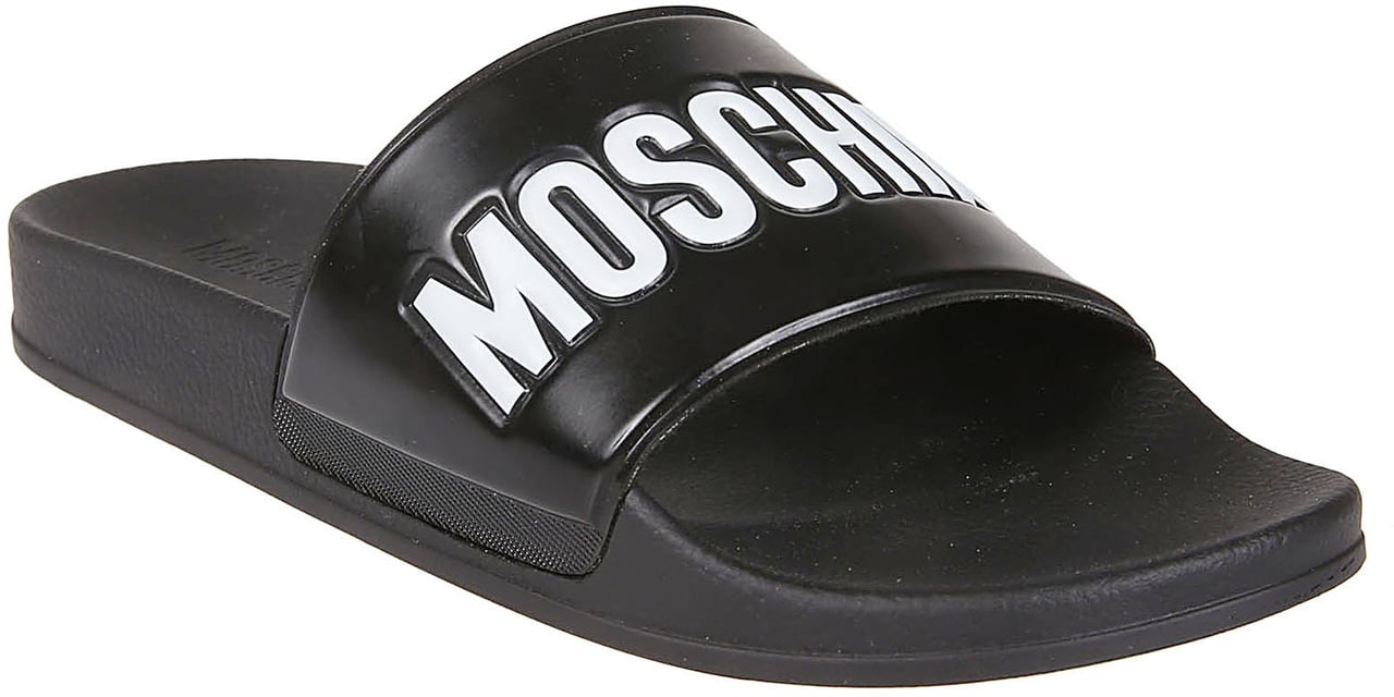 Moschino Logo Print Pool25 Slides Black Zwart