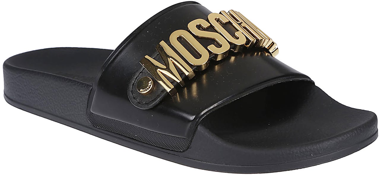 Moschino Logo Print Pool25 Slides Black Zwart