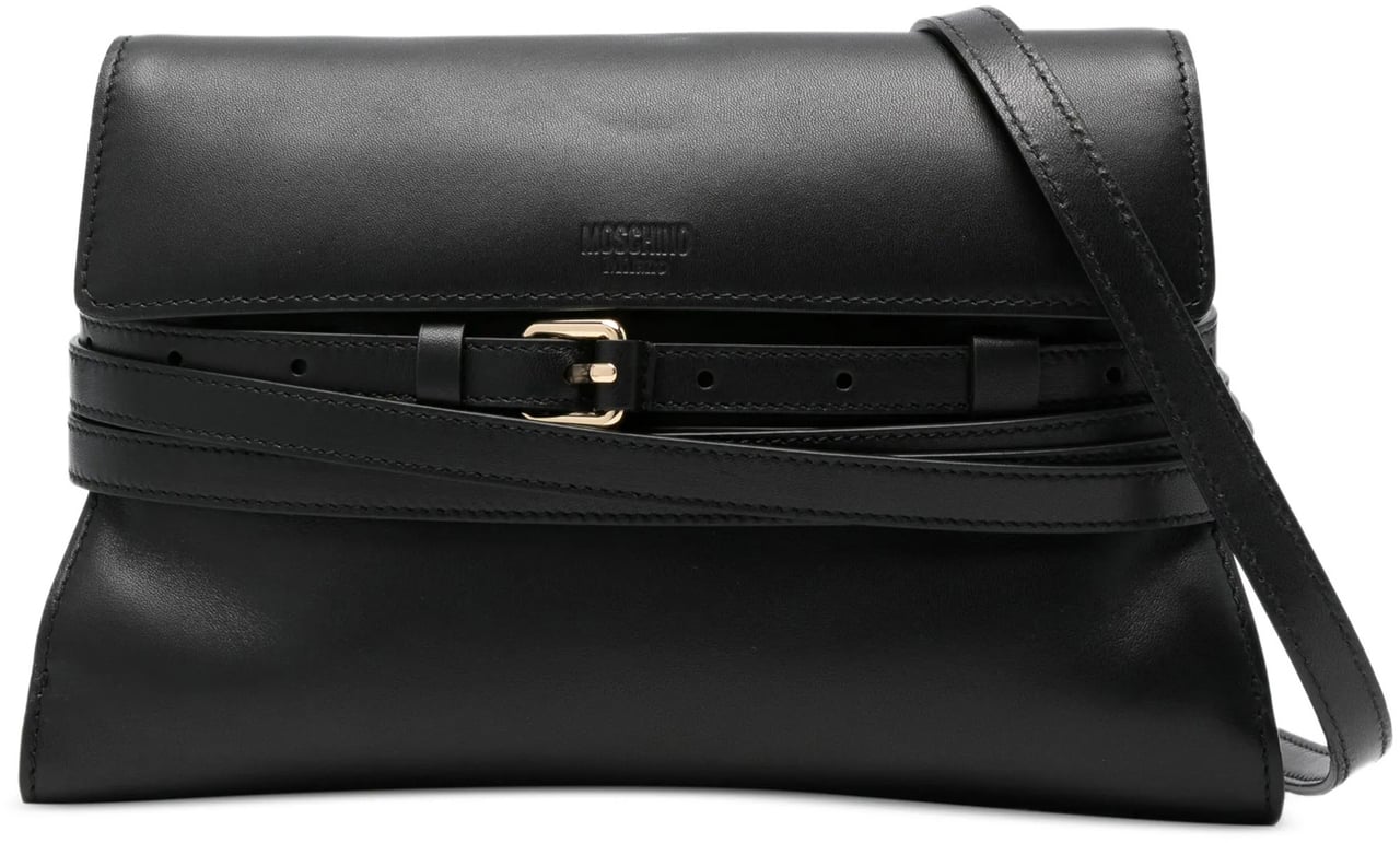 Moschino Fold-Over Nappa Leather Shoulder Bag With Gold Zwart